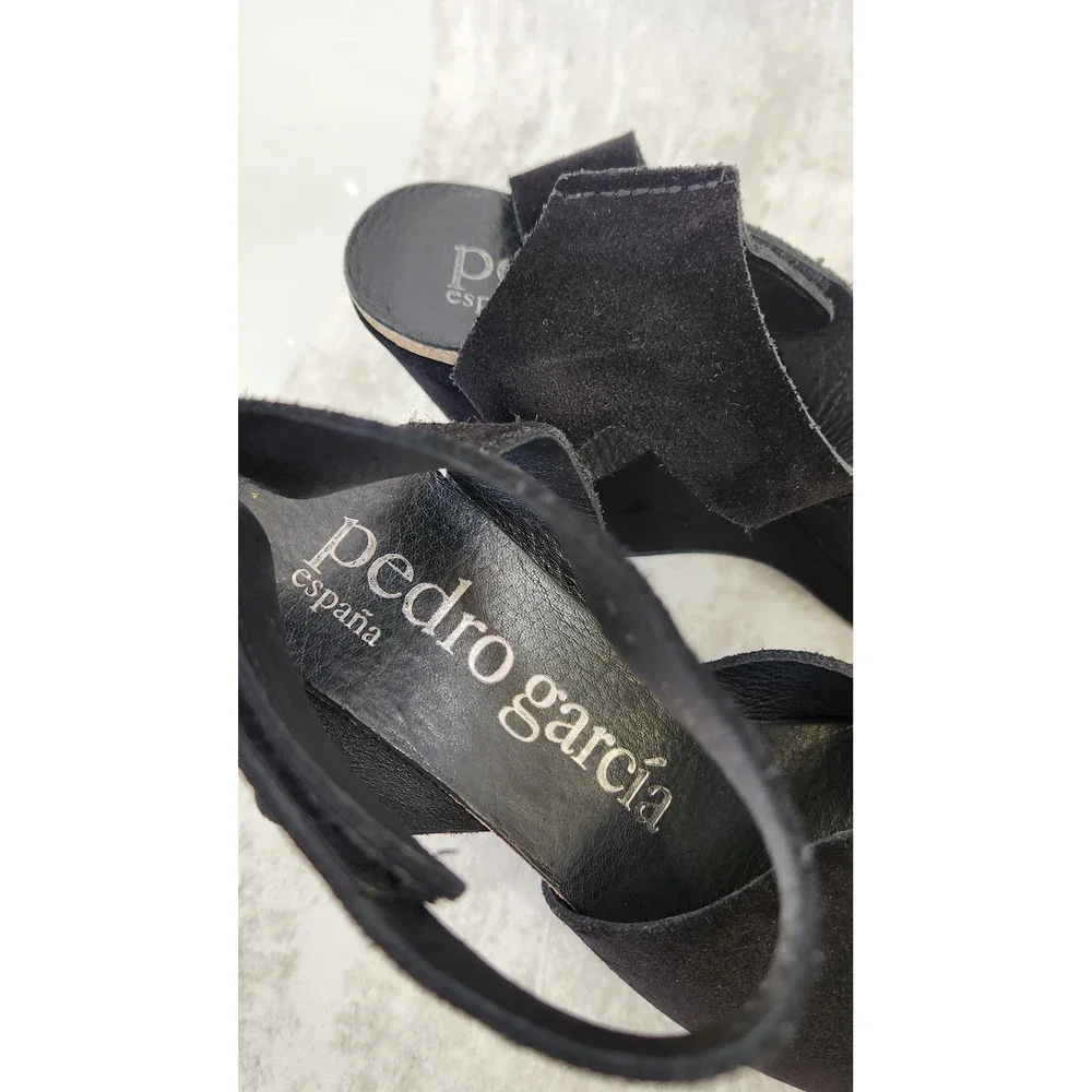 Pedro Garcia Wedge Sandals Womens 40 Black Suede Platform Peep Toe Spain Luxury